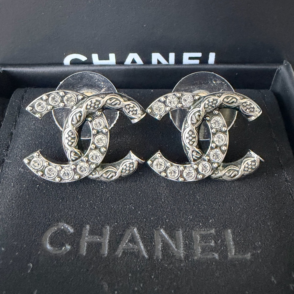 CHANEL Silver & Crystal CC Earrings